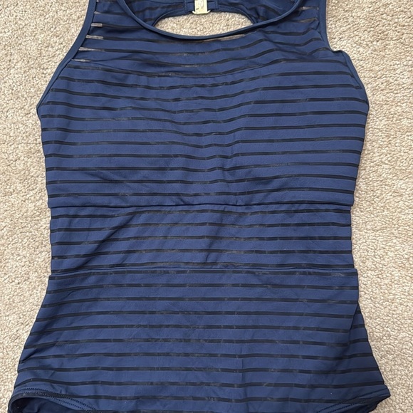 JETS by Jessika Allen High Neck Parallels Overlay Blue One Piece Swimsuit 10 - Picture 3 of 9